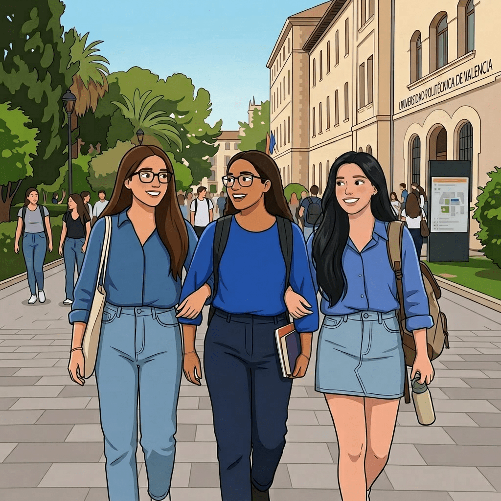 Three diverse female students walking together on university campus path, smiling and laughing